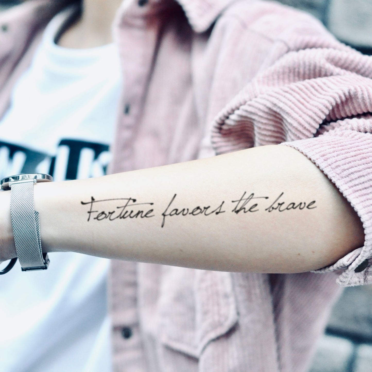 fake medium fortune favors the brave lettering temporary tattoo sticker design idea on forearm