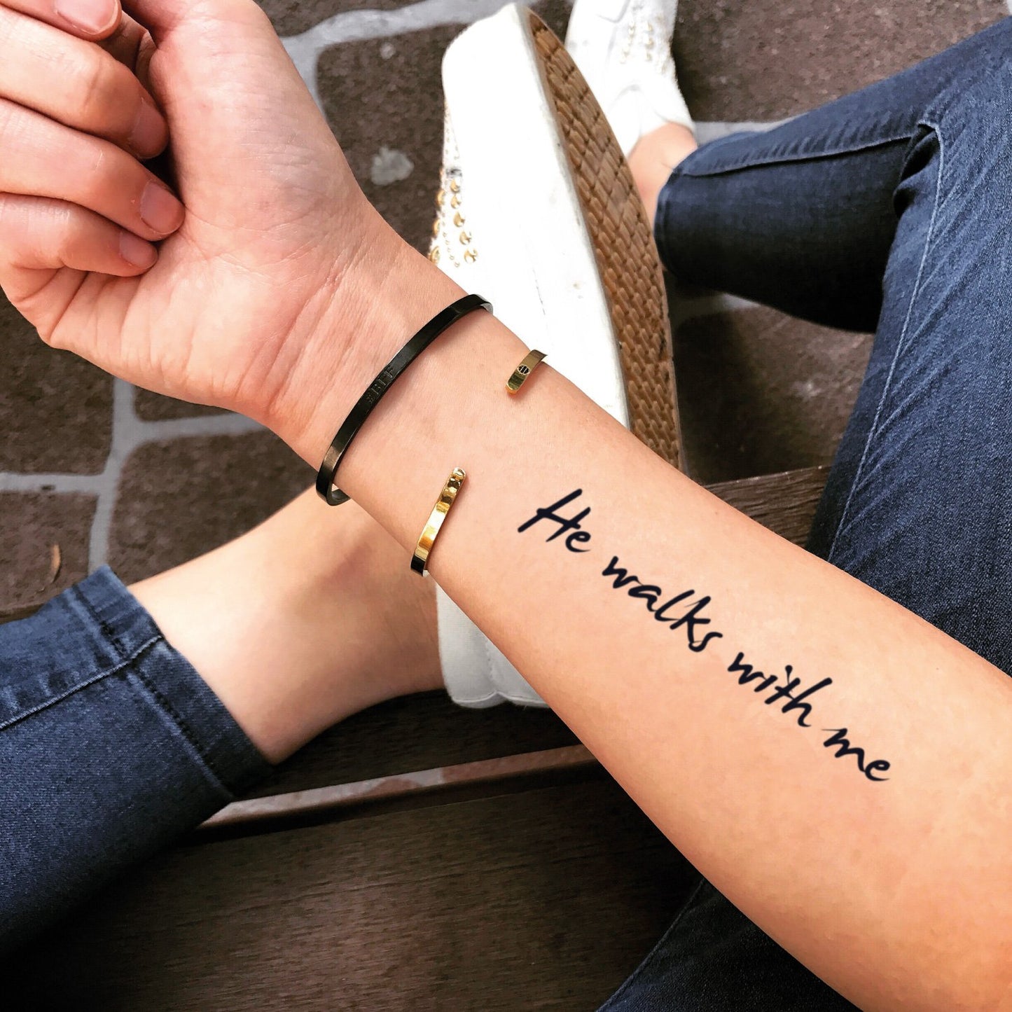 fake medium he walks with me lettering temporary tattoo sticker design idea on forearm