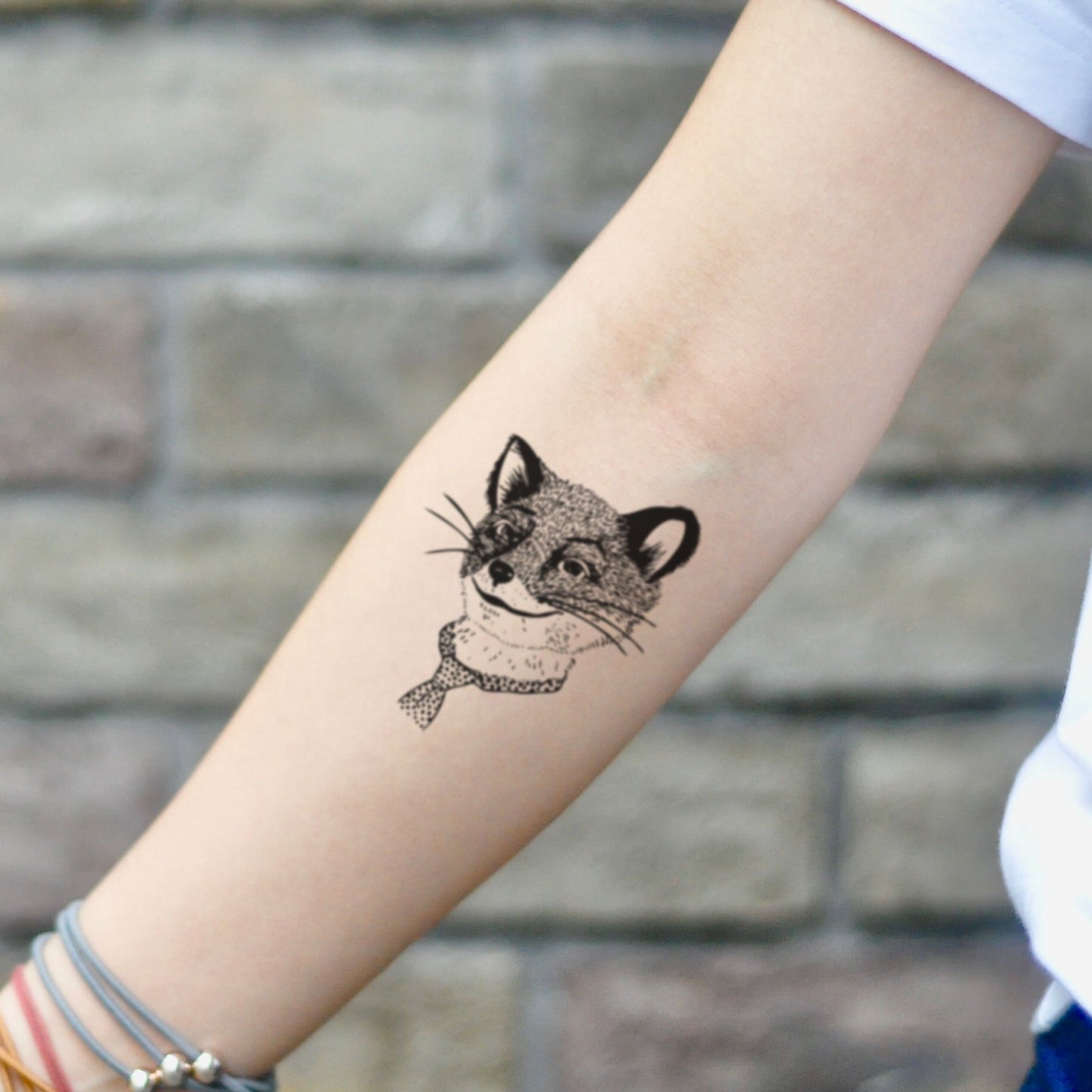 fake small fantastic mr fox illustrative temporary tattoo sticker design idea on inner arm
