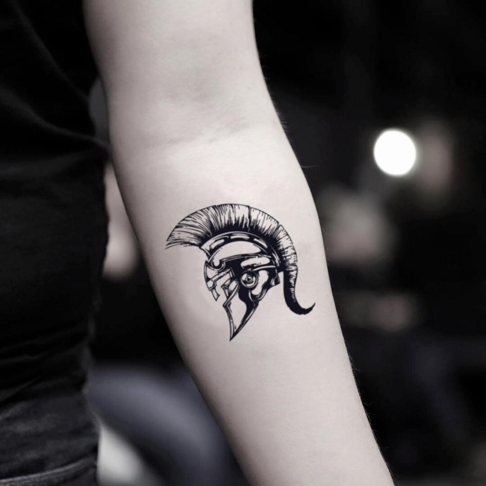fake small spartan roman spartacus gladiator viking helmet armor of god leonidas greek zulu medieval warrior legion soldier illustrative temporary tattoo sticker design idea on inner arm