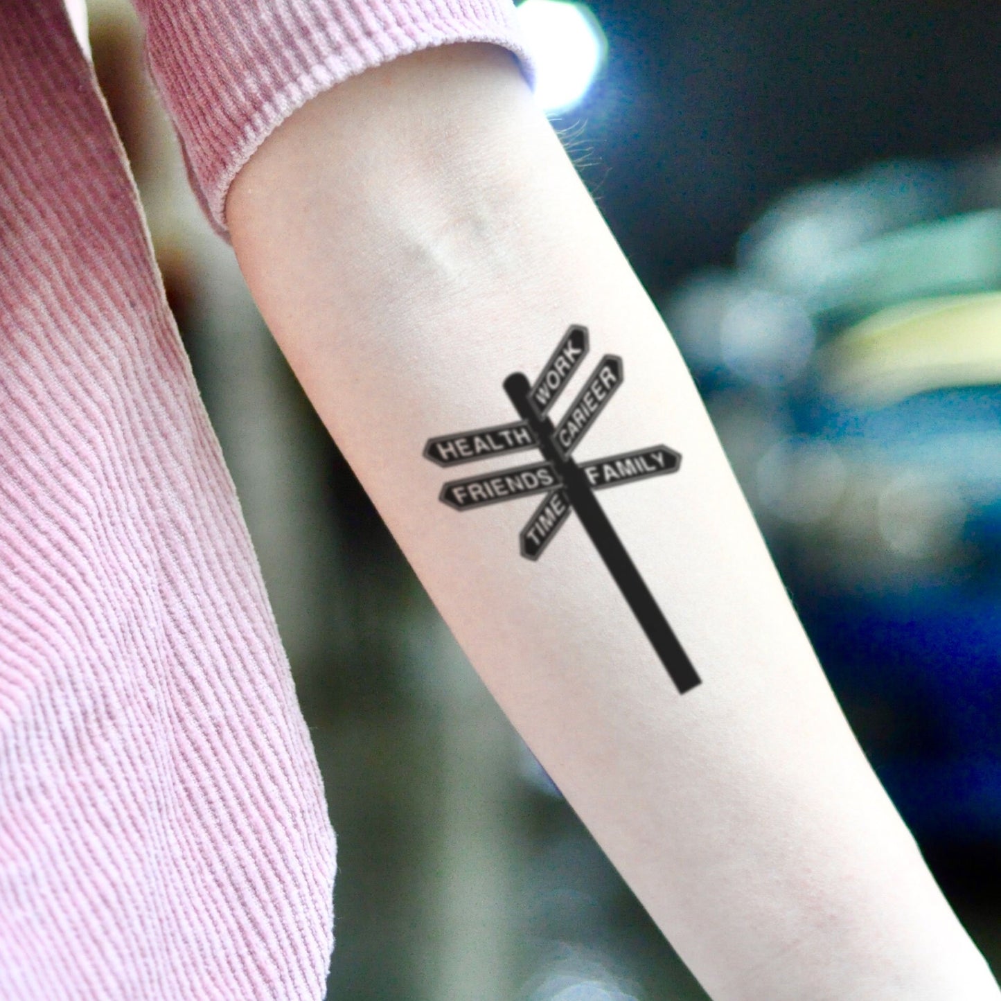fake small 7th street sign minimalist temporary tattoo sticker design idea on inner arm