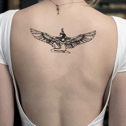 fake big rihanna isis ma'at illustrative temporary tattoo sticker design idea on back