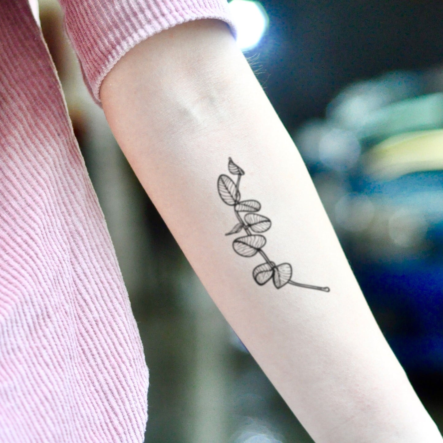 fake medium eucalyptus tree nature temporary tattoo sticker design idea on inner arm