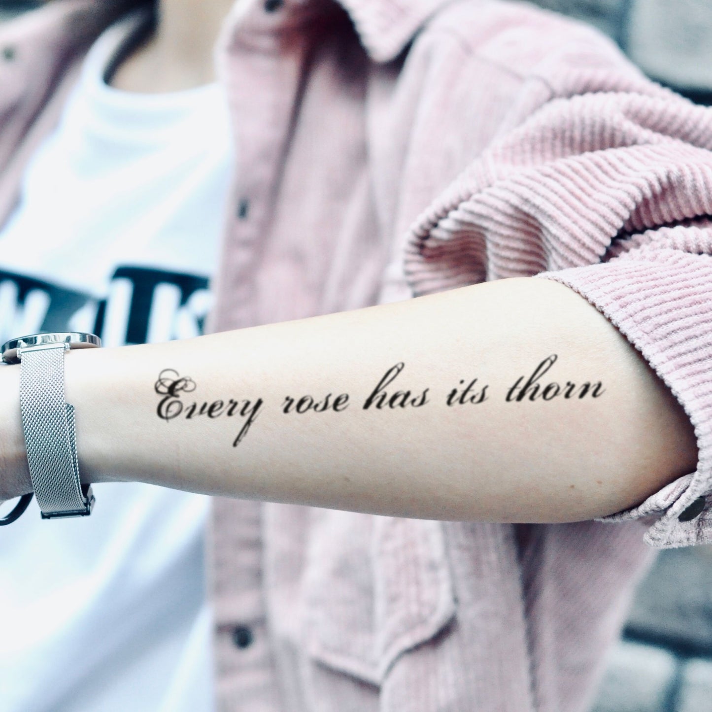 fake medium every rose has its thorn lettering temporary tattoo sticker design idea on forearm