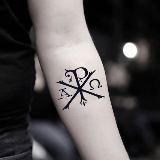 fake small chi rho greek px symbol in hoc signo vinces illustrative temporary tattoo sticker design idea on inner arm