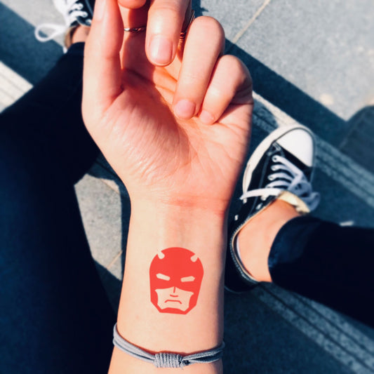 fake small daredevil Color temporary tattoo sticker design idea on wrist