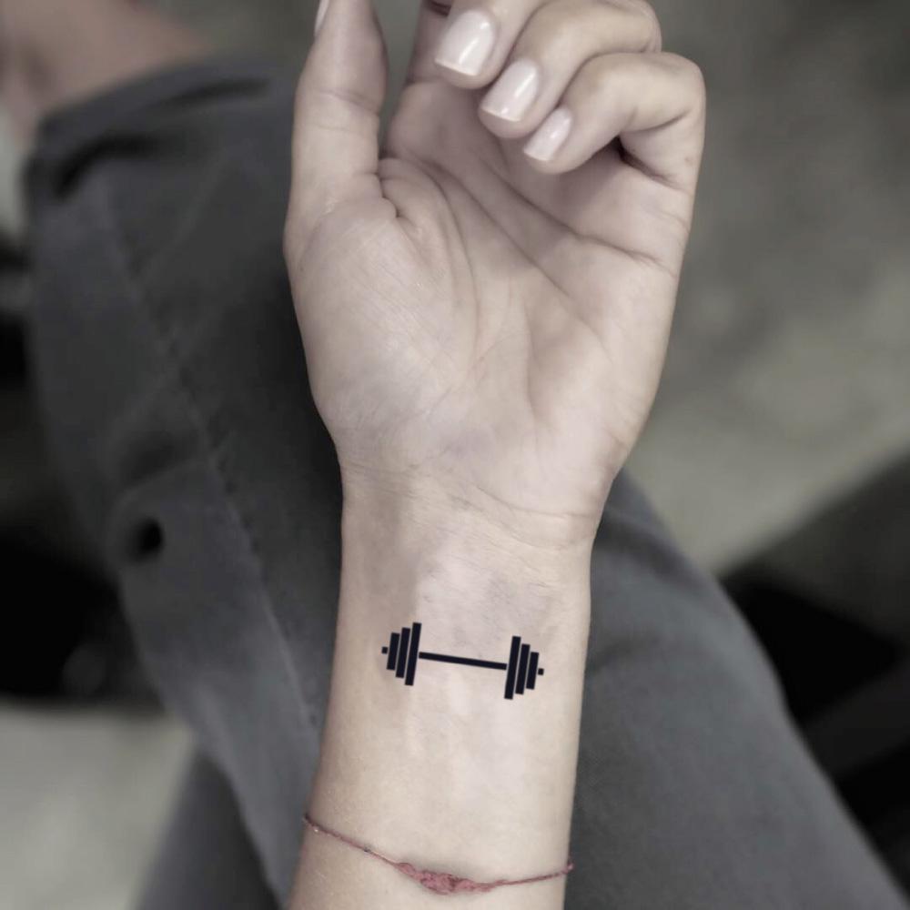 fake small barbell training fitness crossfit gym powerlifting weight loss minimalist temporary tattoo sticker design idea on wrist