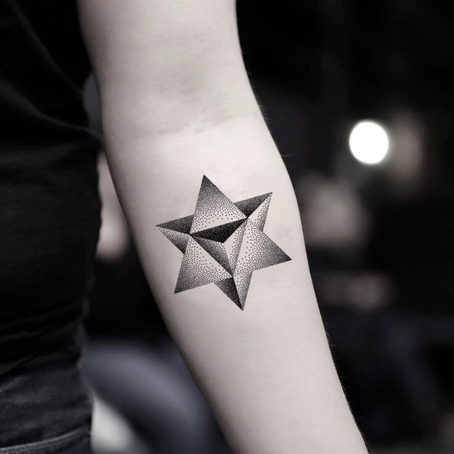 fake small merkaba geometric temporary tattoo sticker design idea on inner arm