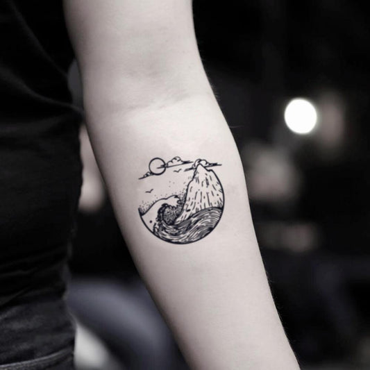 fake small mountain ocean cliff machu picchu yosemite nature temporary tattoo sticker design idea on inner arm