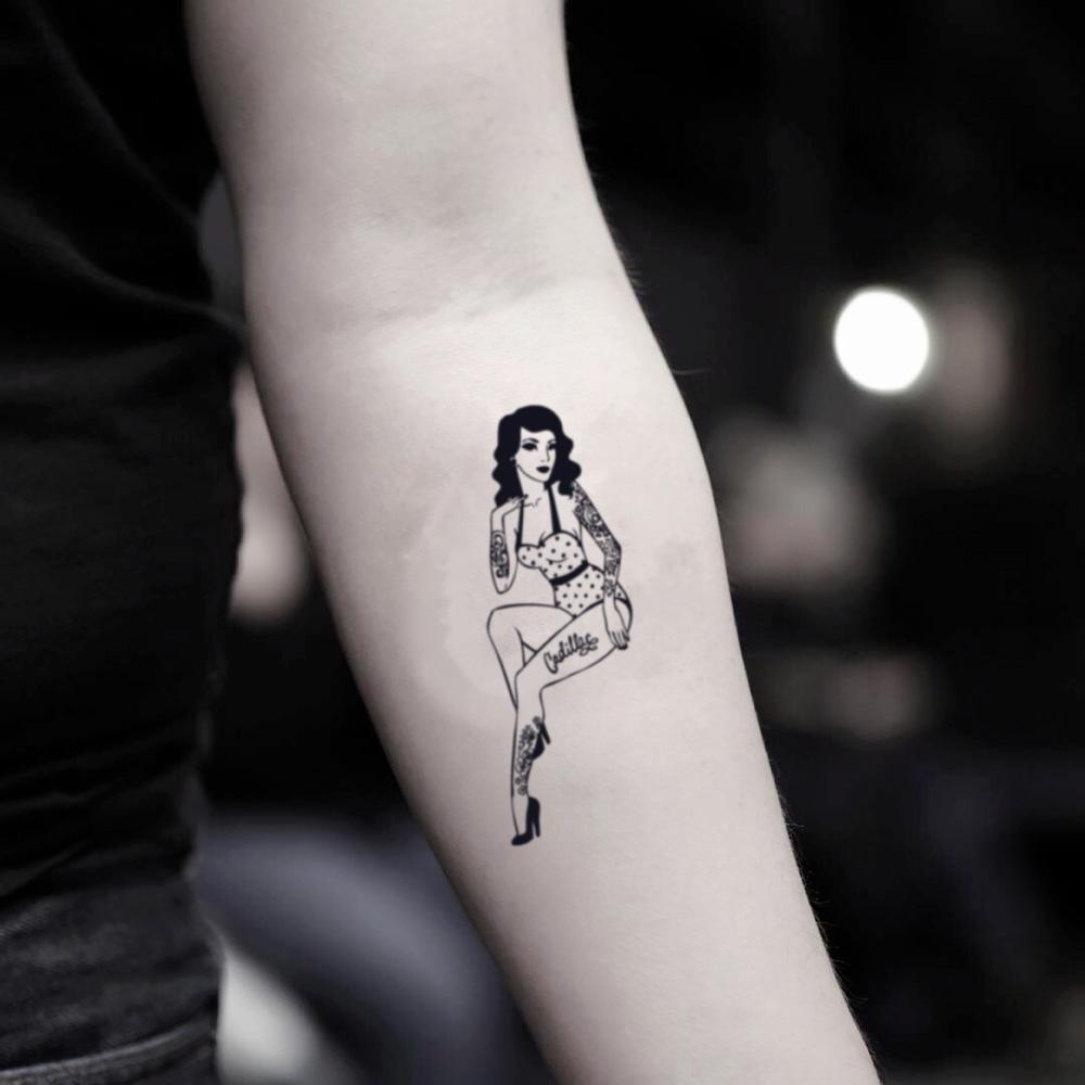 fake small pin up girl vintage temporary tattoo sticker design idea on inner arm