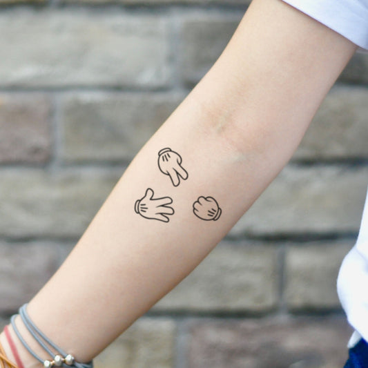 fake small rock paper scissors mickey mouse hand minimalist temporary tattoo sticker design idea on inner arm