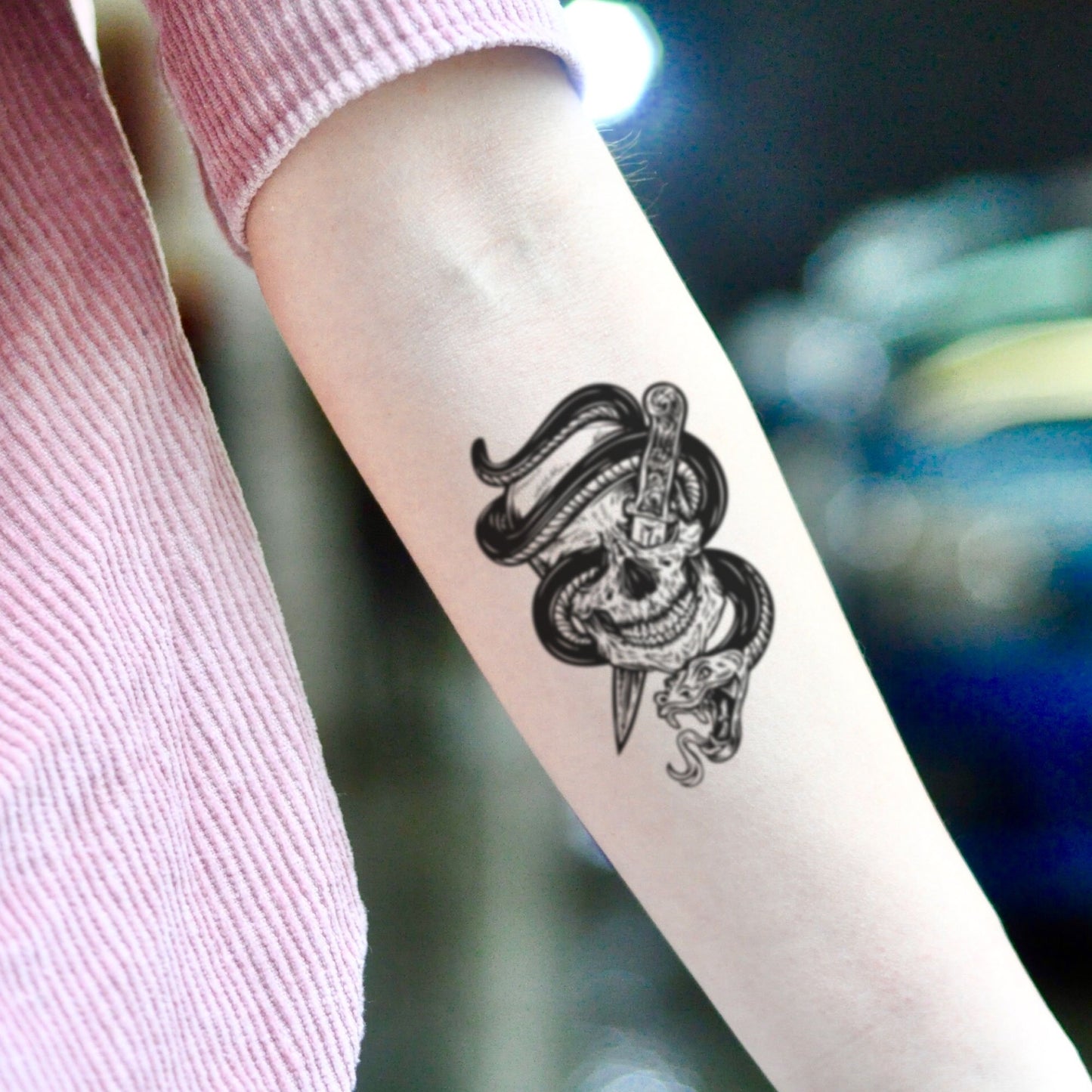 fake small snake skull old school tranditional animal temporary tattoo sticker design idea on inner arm